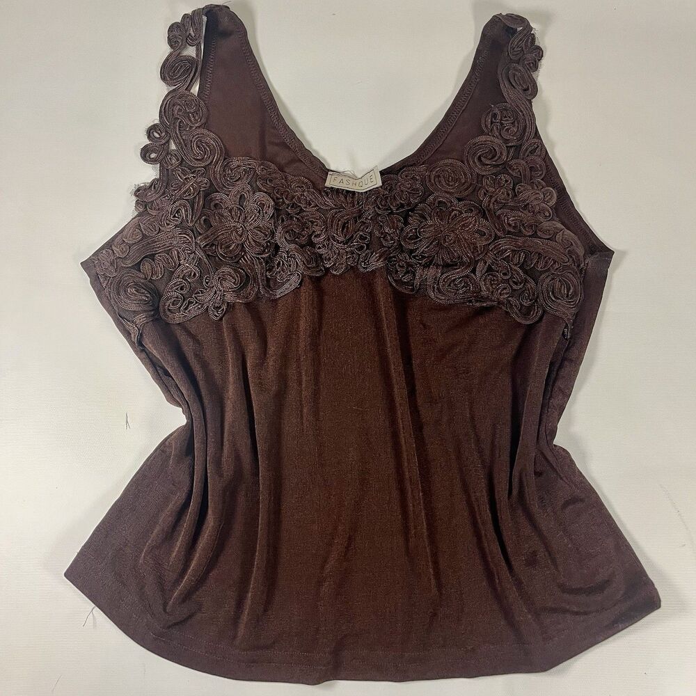 Whimsigoth Chocolate Brown Appliqué Tank Top Fairycore Boho Mesh Trim M/L
